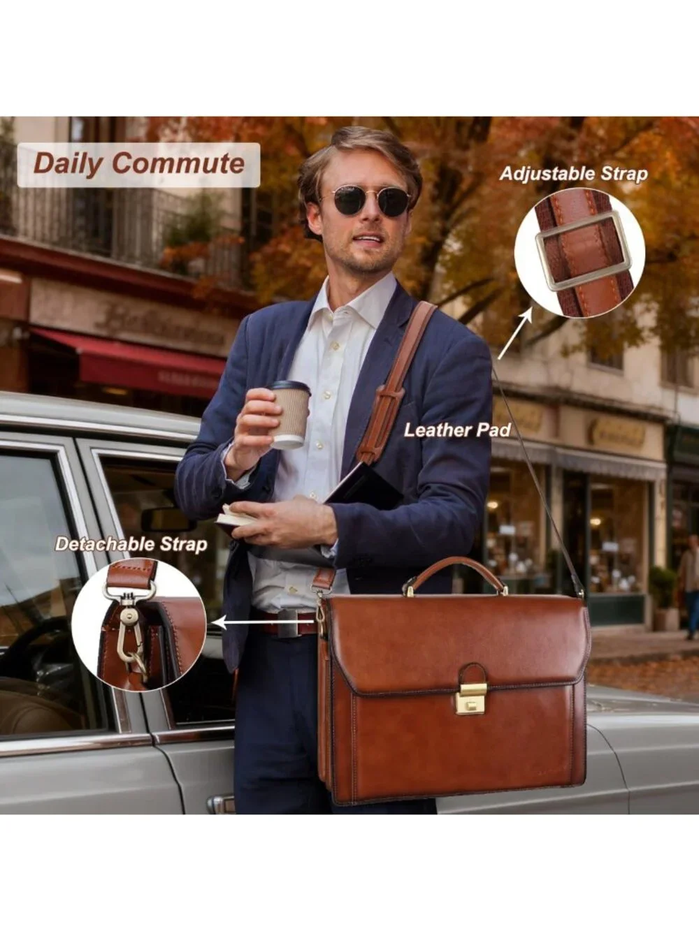 Stylish Leather Briefcase for Men, Lock Closure, Fits Laptop & Essentials